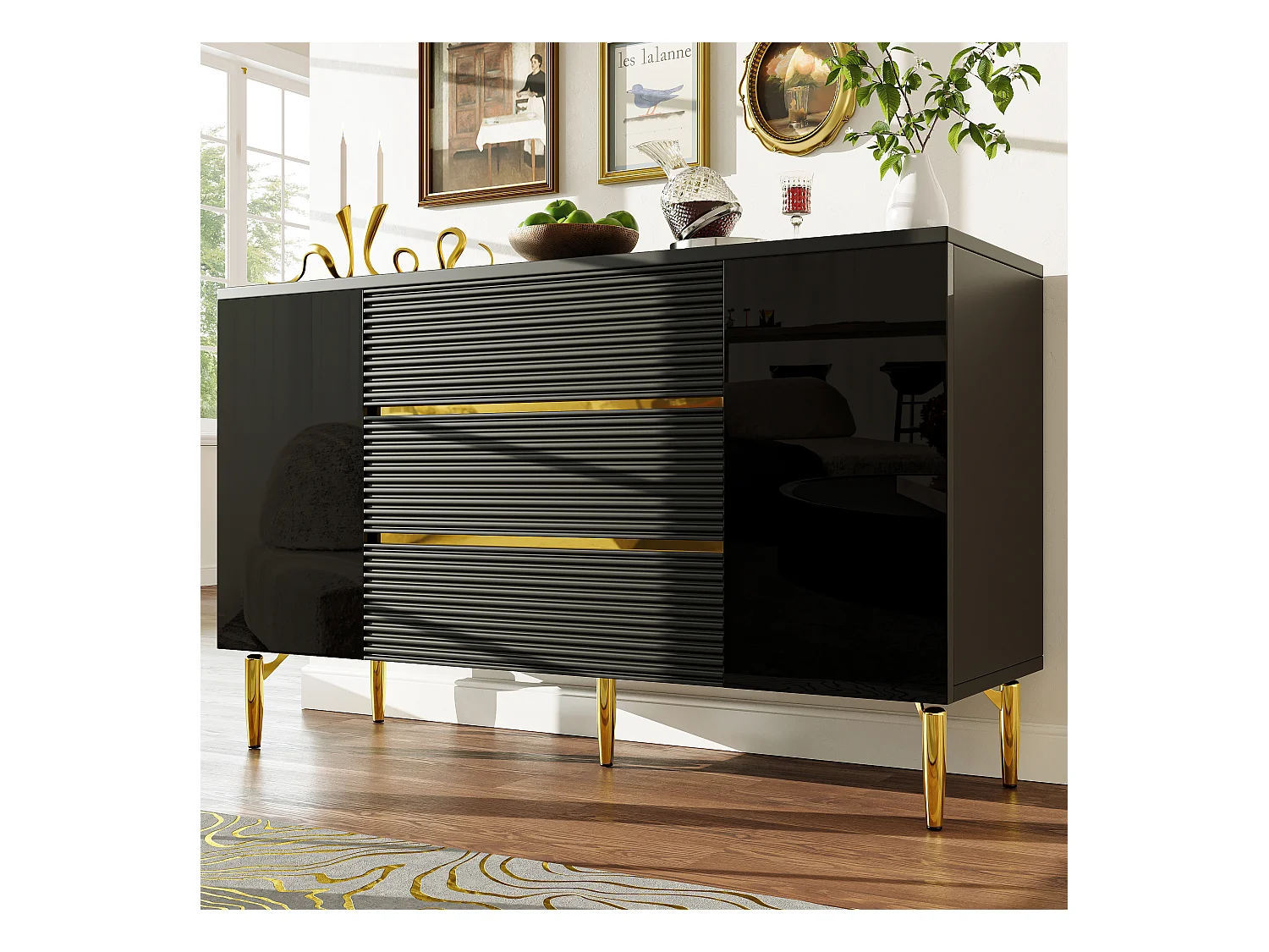 Niedriges Sideboard mit 2 Türen - 120 x 40 x 73 - mit 3 Schubladen - geeignet für Schlafzimmer und Wohnzimmer - MDF - schwarz