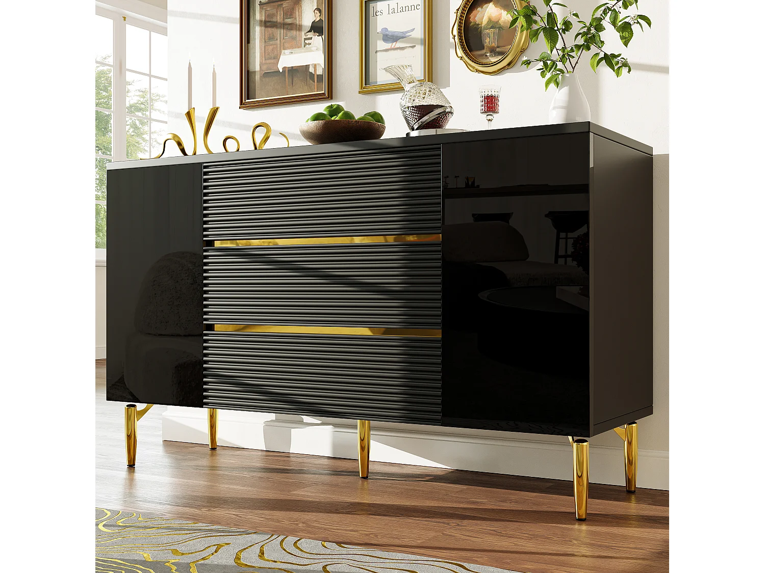 Niedriges Sideboard mit 2 Türen - 120 x 40 x 73 - mit 3 Schubladen - geeignet für Schlafzimmer und Wohnzimmer - MDF - schwarz