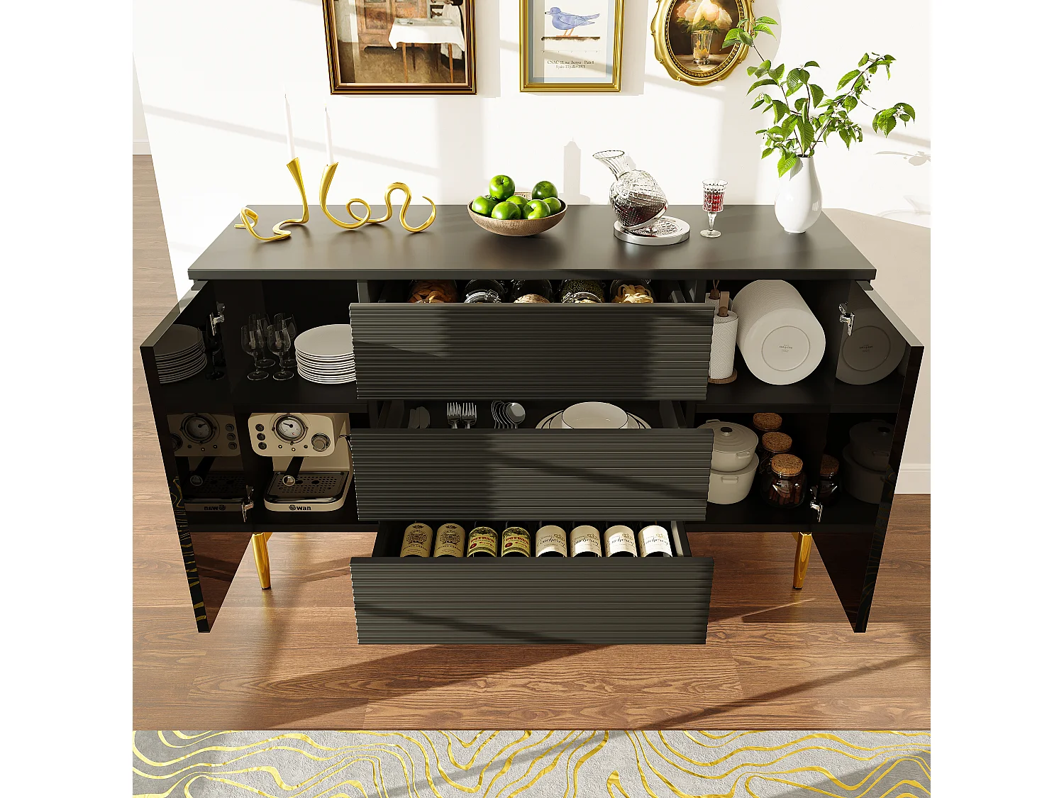 Niedriges Sideboard mit 2 Türen - 120 x 40 x 73 - mit 3 Schubladen - geeignet für Schlafzimmer und Wohnzimmer - MDF - schwarz