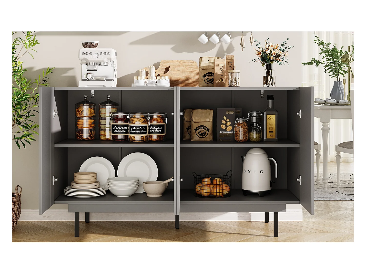 Niedriges Sideboard - 140 x 38,5 x 82,5 cm - Aufbewahrungsmöbel - mit 2 Türen - MDF - grau