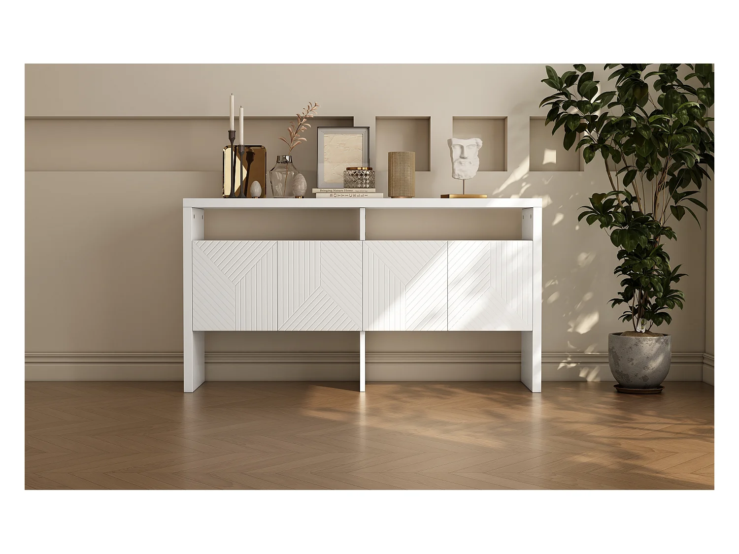 Komoda / Szafka do przedpokoju - 140 x 35 x 75 cm - z 2 otwartymi przegrodami i 4 drzwiami - MDF - biała