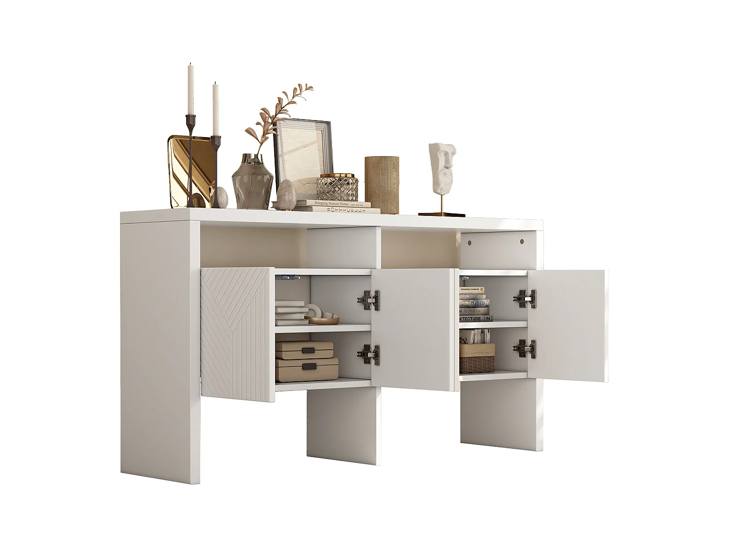 Komoda / Szafka do przedpokoju - 140 x 35 x 75 cm - z 2 otwartymi przegrodami i 4 drzwiami - MDF - biała