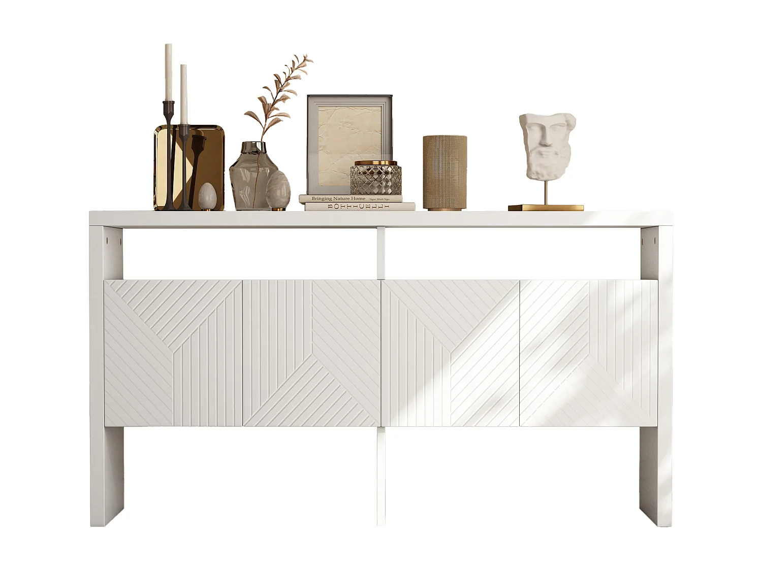 Buffet / meuble d'entrée - 140 x 35 x 75 cm - avec 2 compartiments ouverts et 4 portes - MDF - blanc