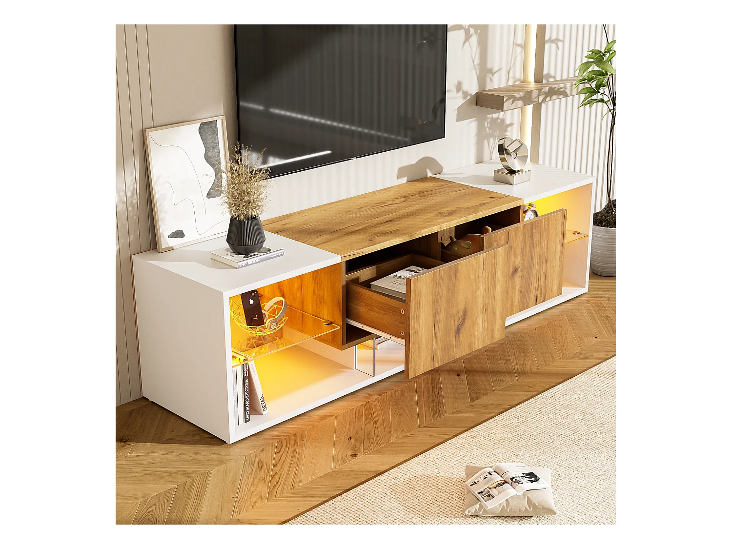 Meuble TV à 3 niveaux - 160 x 40 x 42 cm - avec plateau en verre + 2 tiroirs + Leds - aggloméré - blanc