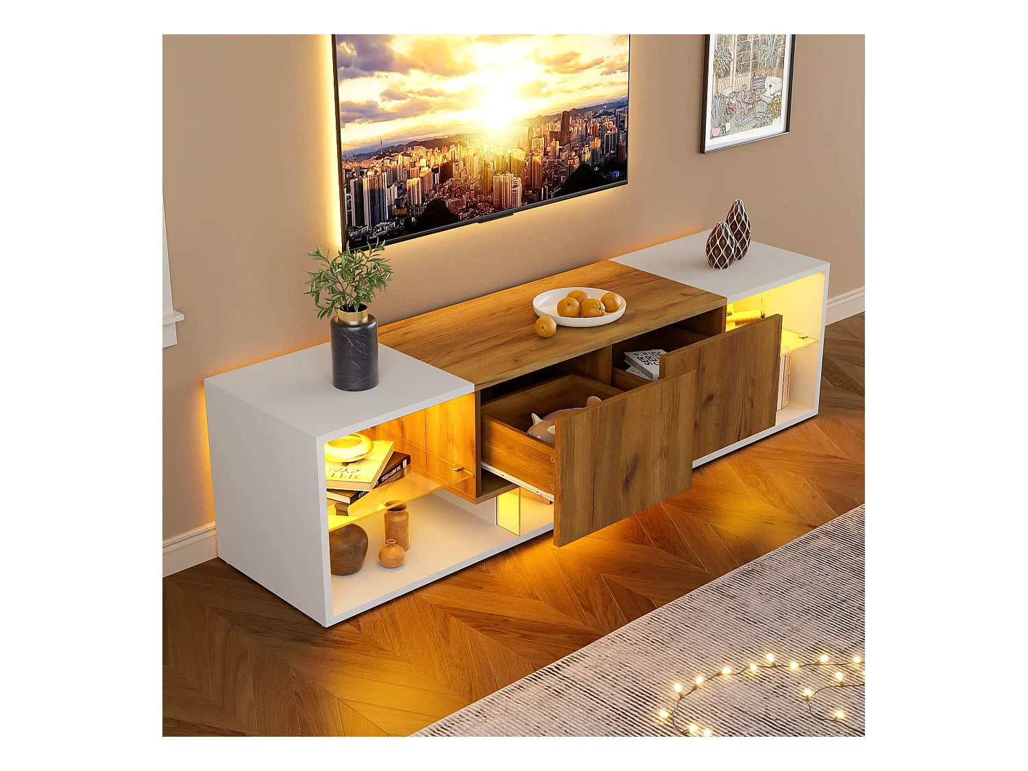Meuble TV à 3 niveaux - 160 x 40 x 42 cm - avec plateau en verre + 2 tiroirs + Leds - aggloméré - blanc