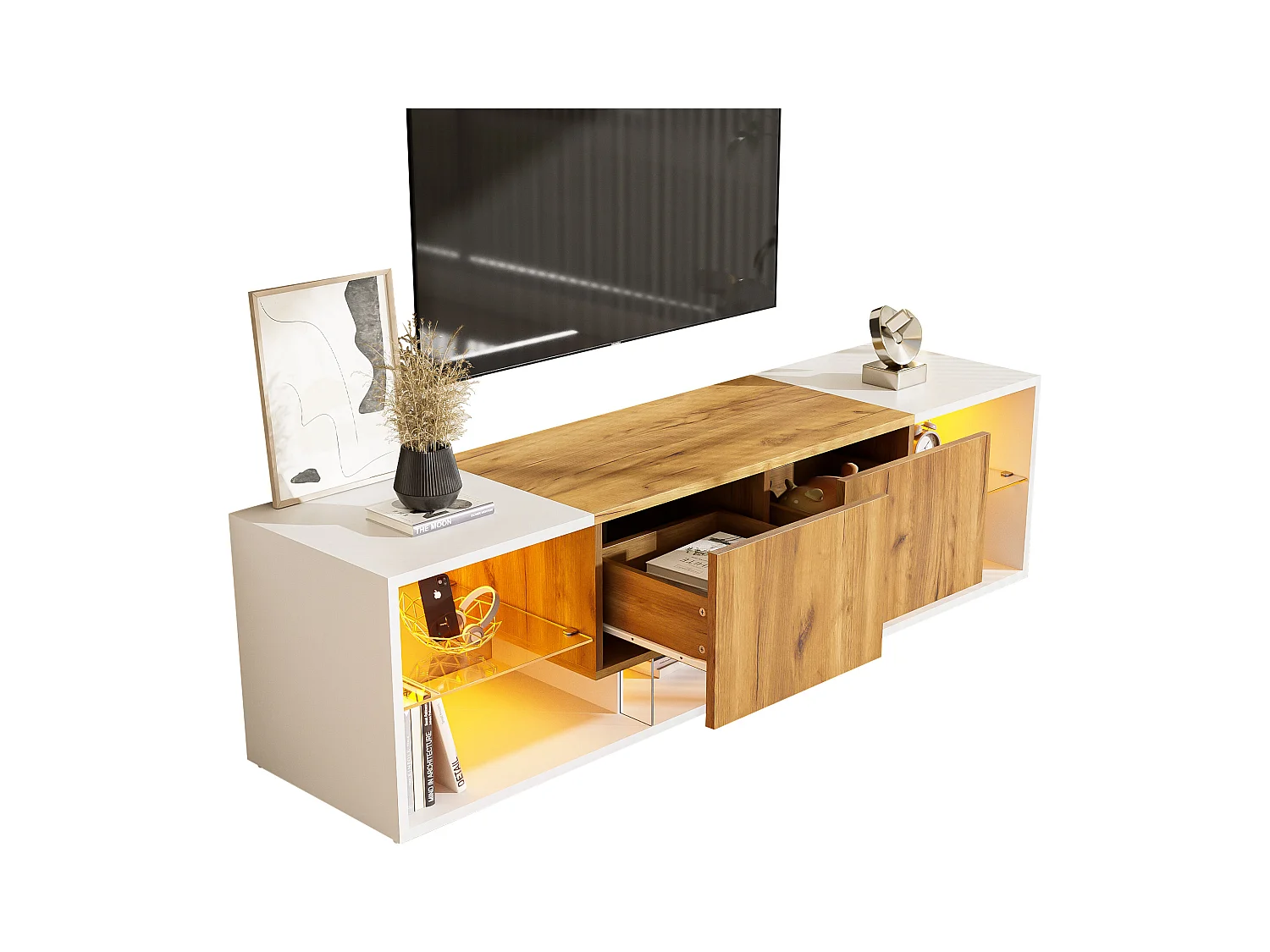 Meuble TV à 3 niveaux - 160 x 40 x 42 cm - avec plateau en verre + 2 tiroirs + Leds - aggloméré - blanc