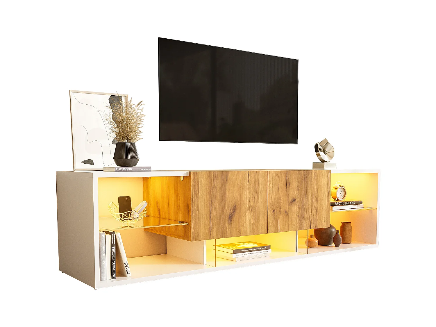 Meuble TV à 3 niveaux - 160 x 40 x 42 cm - avec plateau en verre + 2 tiroirs + Leds - aggloméré - blanc
