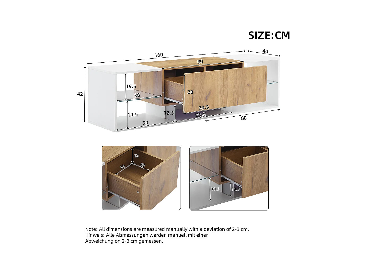 Meuble TV à 3 niveaux - 160 x 40 x 42 cm - avec plateau en verre + 2 tiroirs + Leds - aggloméré - blanc