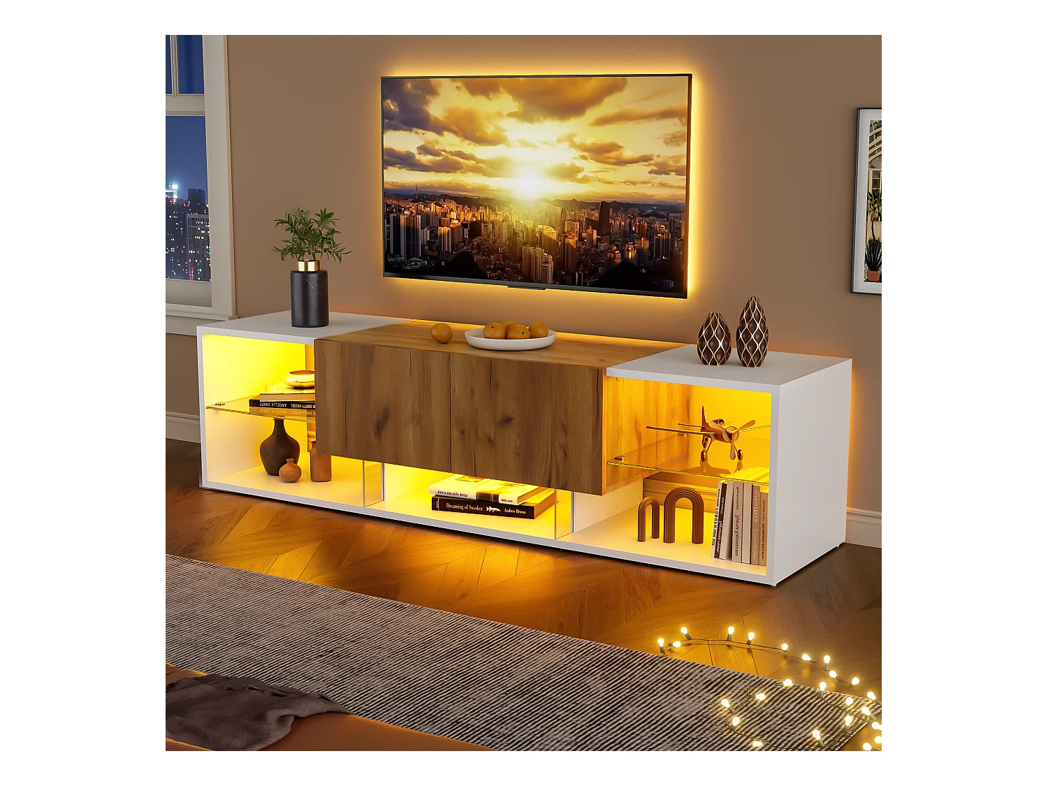 Meuble TV à 3 niveaux - 160 x 40 x 42 cm - avec plateau en verre + 2 tiroirs + Leds - aggloméré - blanc