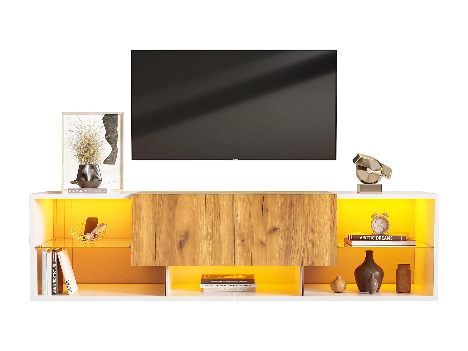 Meuble TV à 3 niveaux - 160 x 40 x 42 cm - avec plateau en verre + 2 tiroirs + Leds - aggloméré - blanc