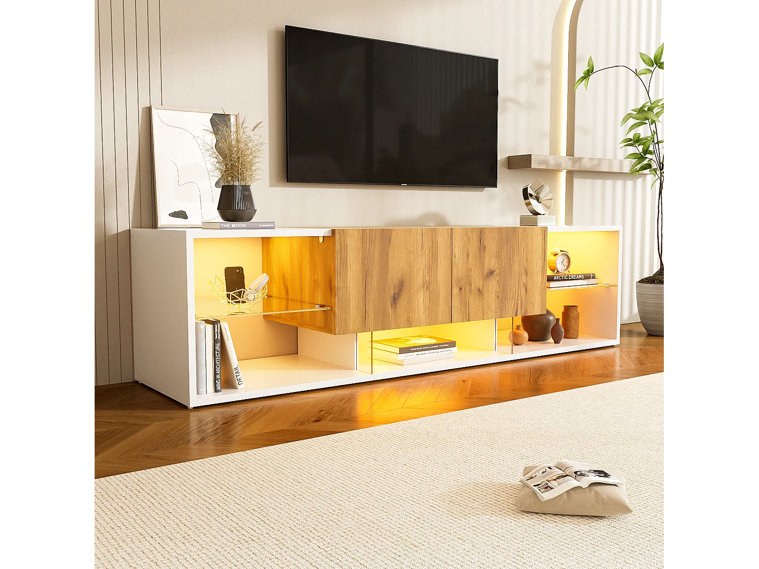 Szafka RTV 3-poziomowa - 160 x 40 x 42 cm - z blatem szklanym + 2 szuflady + diody LED - płyta wiórowa - biała