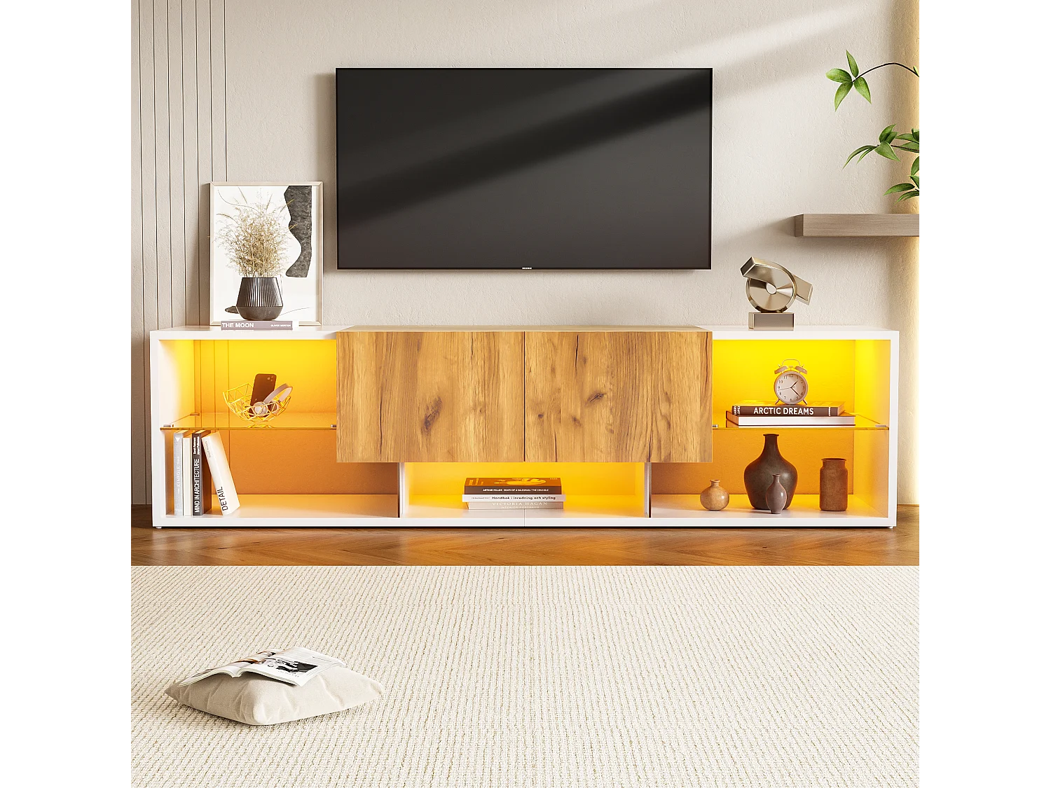 Szafka RTV 3-poziomowa - 160 x 40 x 42 cm - z blatem szklanym + 2 szuflady + diody LED - płyta wiórowa - biała