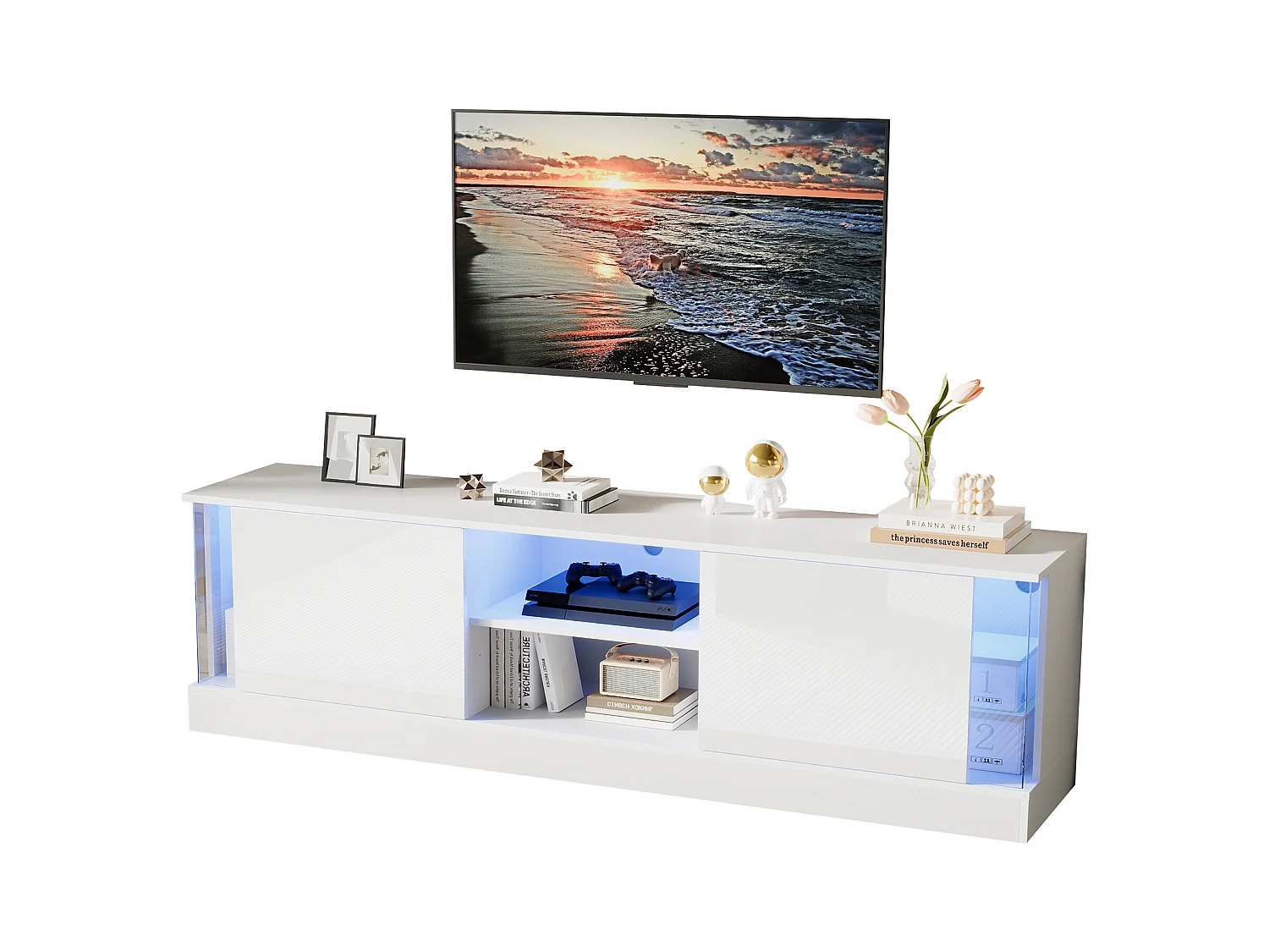 Mobile TV lucido - 176 x 38 x 50 cm - con 2 ante + contenitore + LED - truciolare - bianco