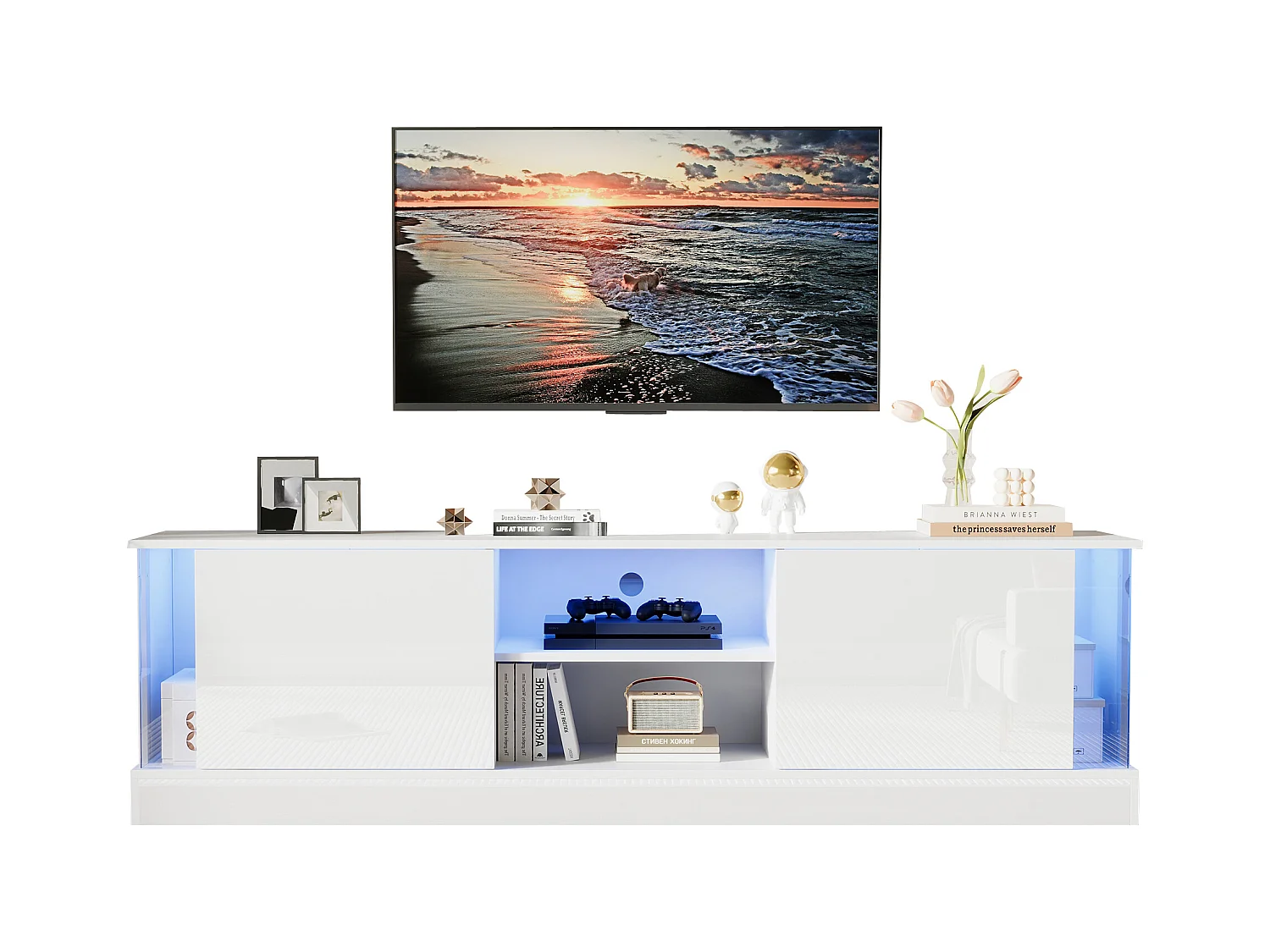 Mobile TV lucido - 176 x 38 x 50 cm - con 2 ante + contenitore + LED - truciolare - bianco