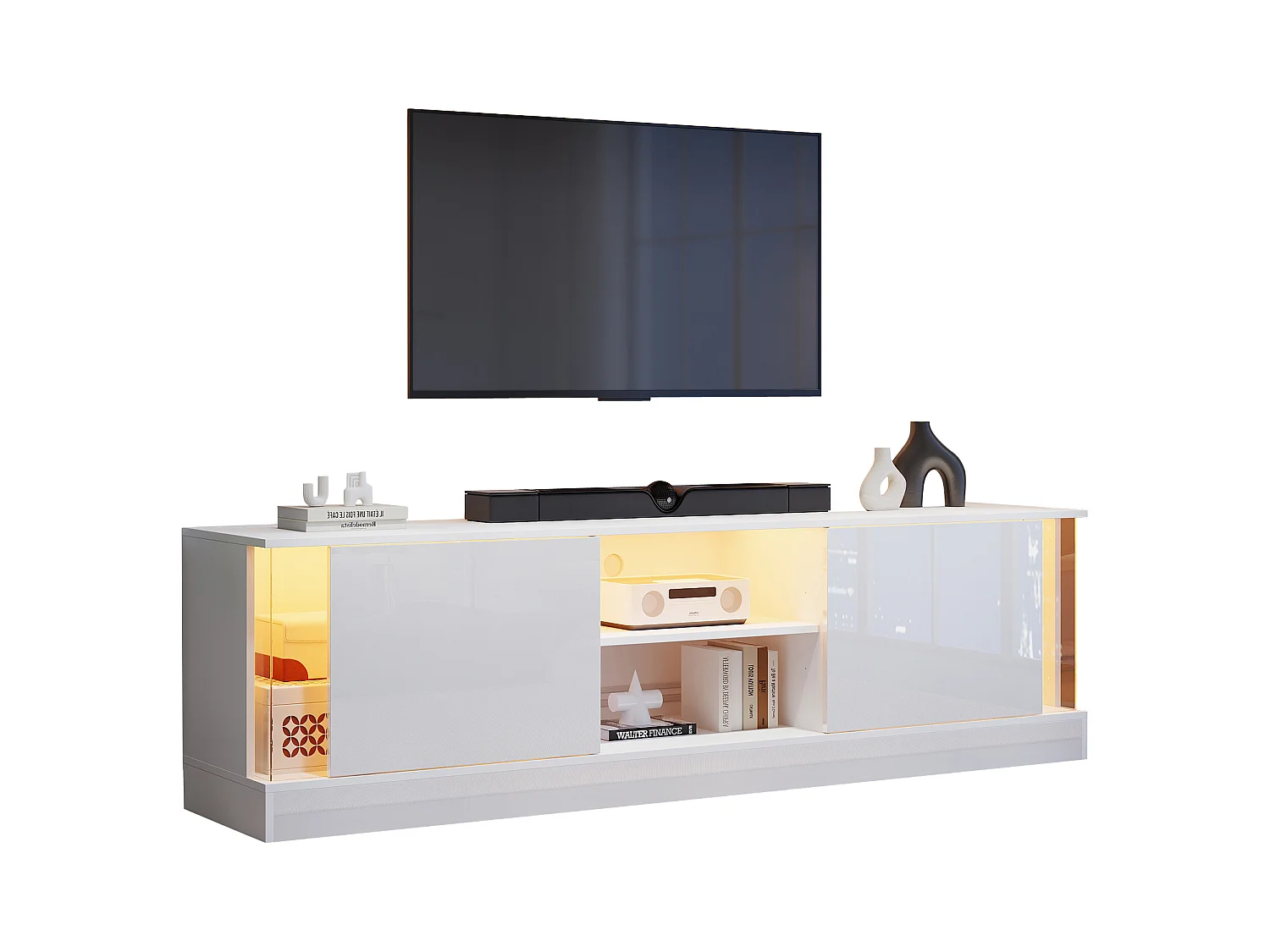 Mobile TV lucido - 176 x 38 x 50 cm - con 2 ante + contenitore + LED - truciolare - bianco