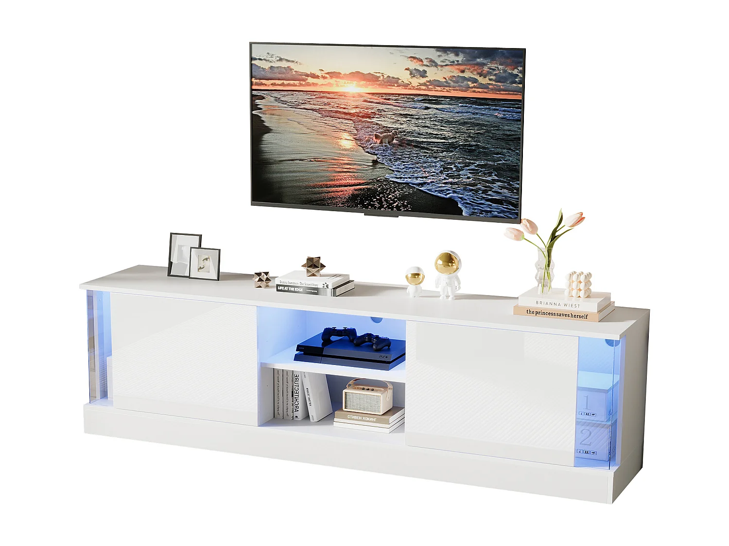 Mueble de TV brillante - 176 x 38 x 50 cm - con 2 puertas + almacenaje + LED - aglomerado - blanco