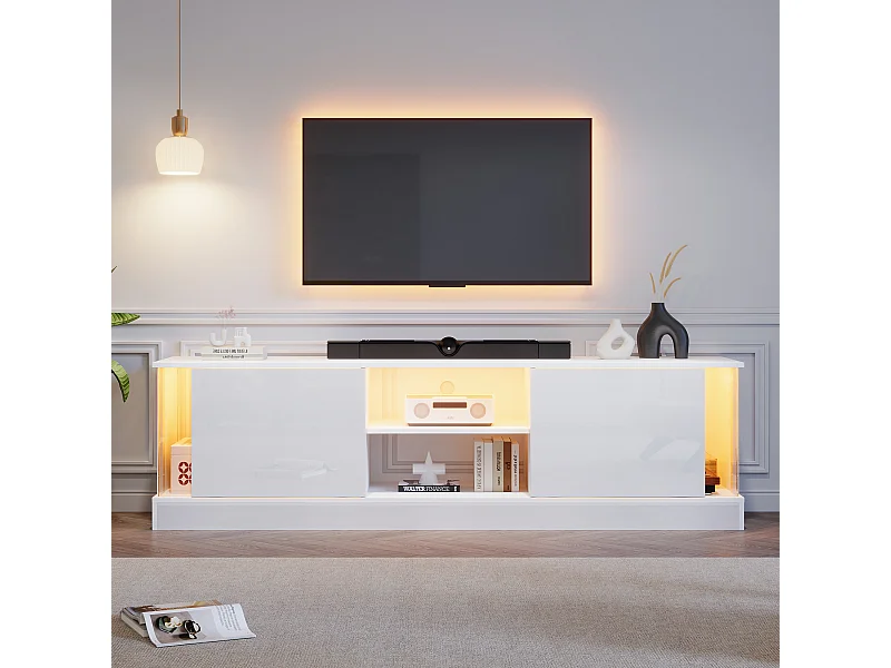 Szafka RTV Glossy - 176 x 38 x 50 cm - z 2 drzwiami + schowek + diody LED - płyta wiórowa - biała