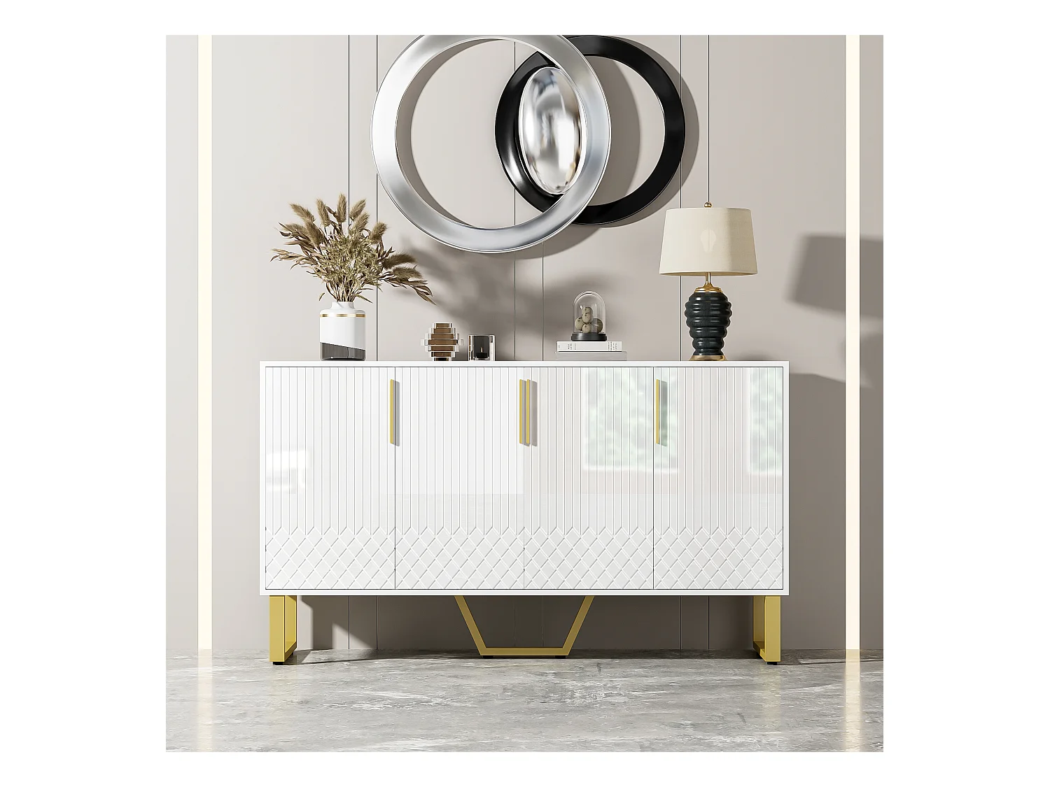 Buffet bas brillant - 140 x 40 x 80 cm - avec 4 portes - poignées et pieds en métal - MDF - blanc