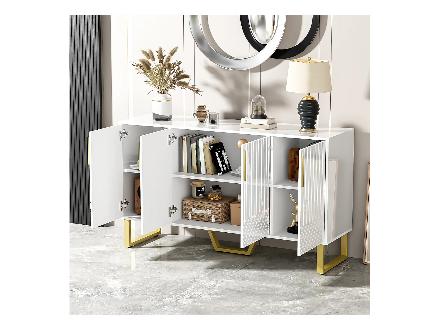 Buffet bas brillant - 140 x 40 x 80 cm - avec 4 portes - poignées et pieds en métal - MDF - blanc