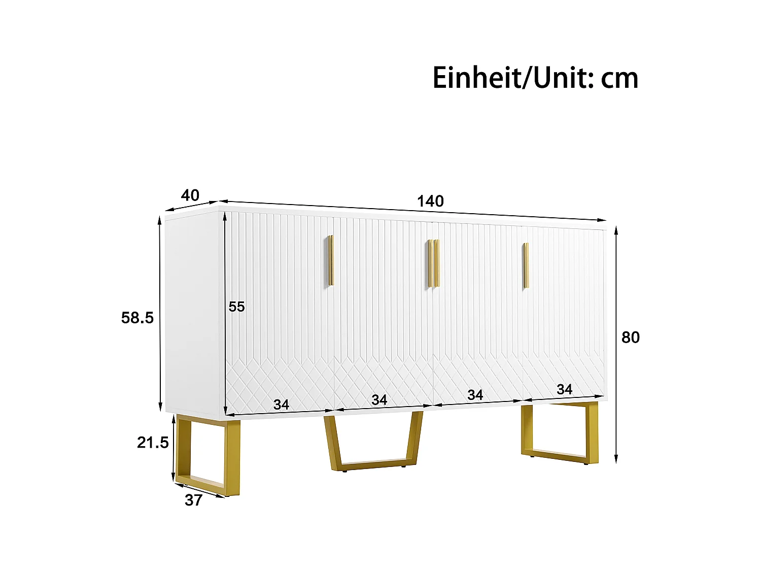 Buffet bas brillant - 140 x 40 x 80 cm - avec 4 portes - poignées et pieds en métal - MDF - blanc