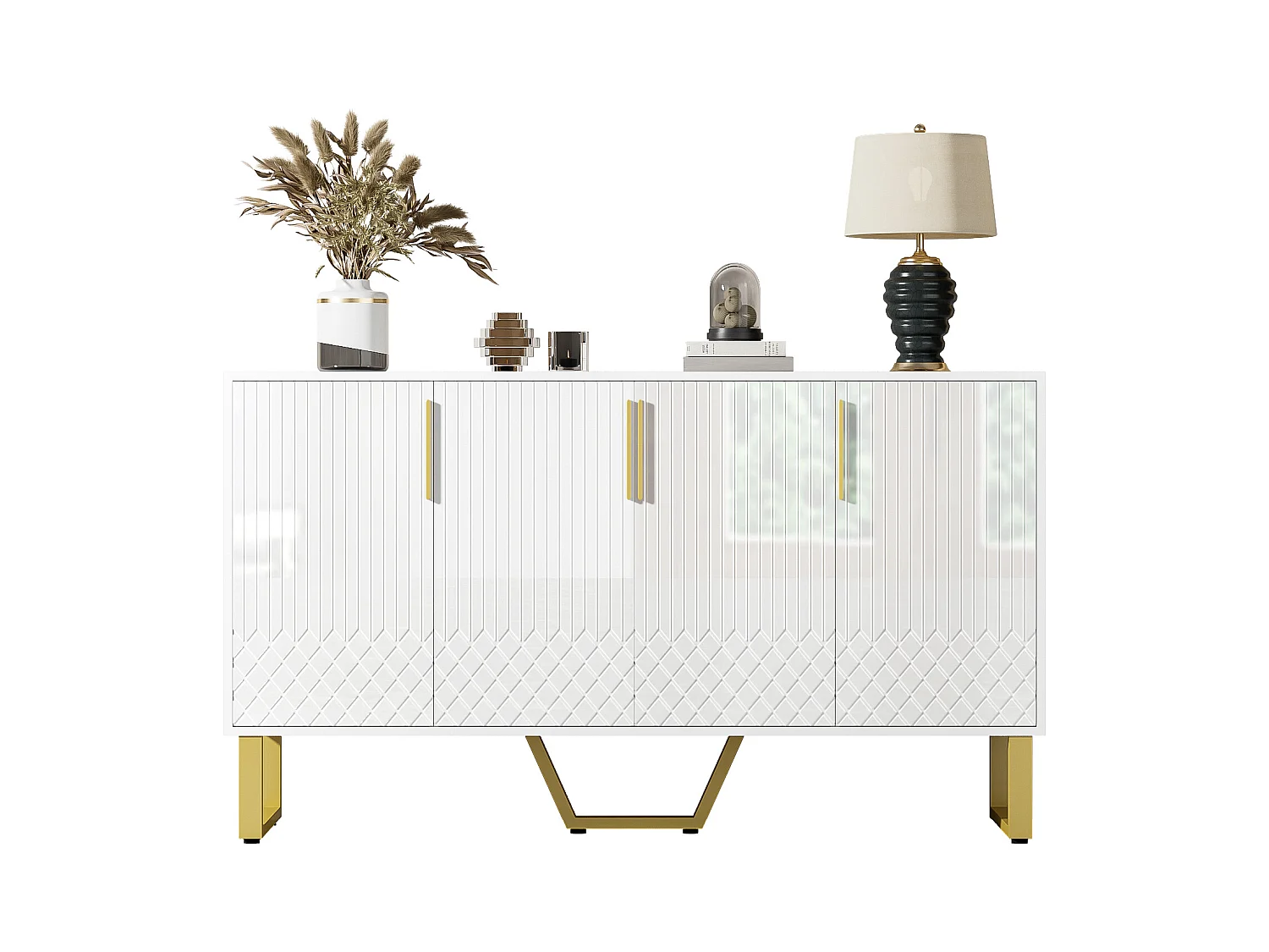 Buffet bas brillant - 140 x 40 x 80 cm - avec 4 portes - poignées et pieds en métal - MDF - blanc