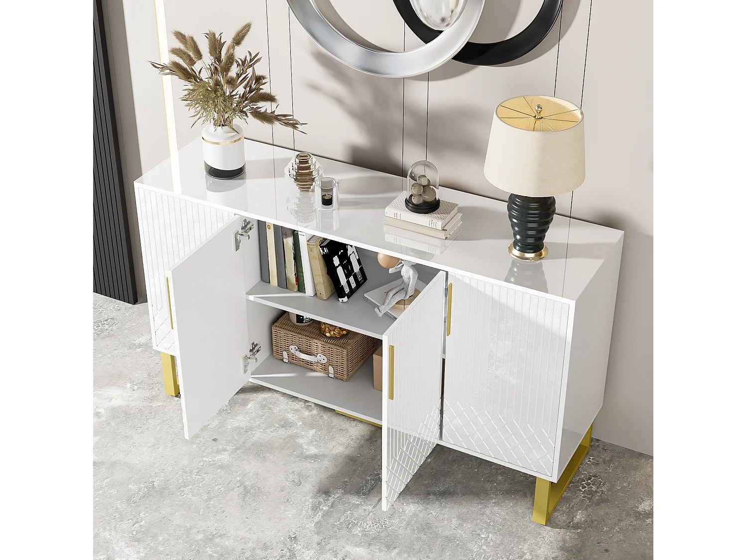 Credenza bassa lucida - 140 x 40 x 80 cm - con 4 ante - maniglie e gambe in metallo - MDF - bianco