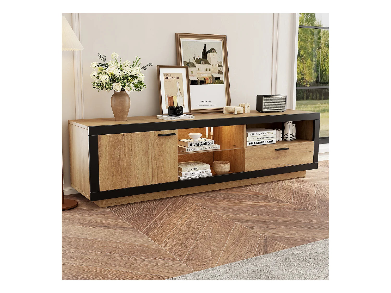 Meuble TV avec étagères en verre - 160 x 40 x 50 cm - avec Leds + porte + tiroir - aggloméré - naturel