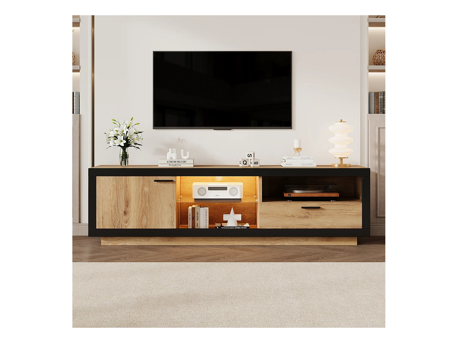 Meuble TV avec étagères en verre - 160 x 40 x 50 cm - avec Leds + porte + tiroir - aggloméré - naturel