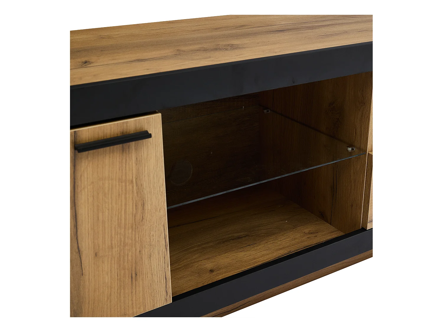 Meuble TV avec étagères en verre - 160 x 40 x 50 cm - avec Leds + porte + tiroir - aggloméré - naturel