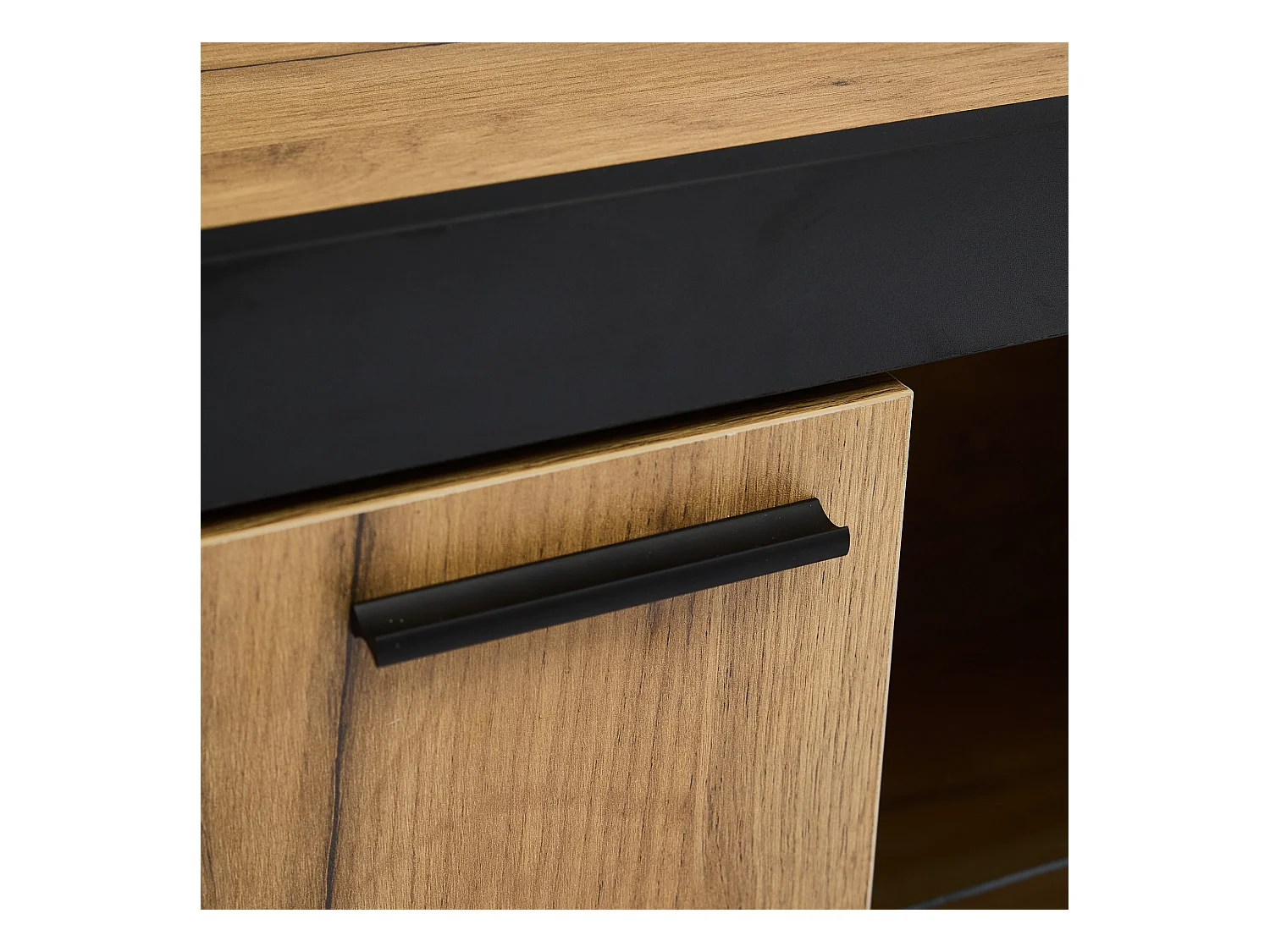 Meuble TV avec étagères en verre - 160 x 40 x 50 cm - avec Leds + porte + tiroir - aggloméré - naturel