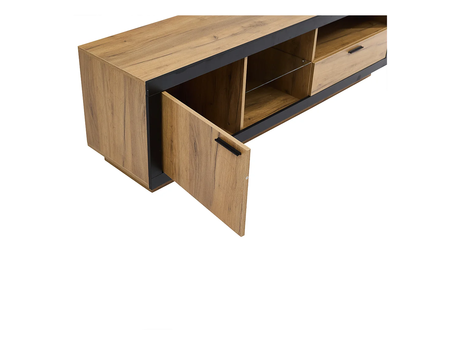 Meuble TV avec étagères en verre - 160 x 40 x 50 cm - avec Leds + porte + tiroir - aggloméré - naturel