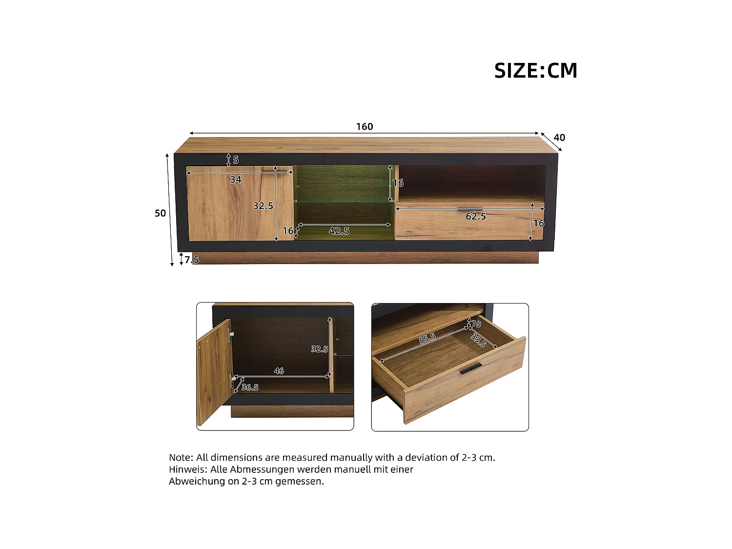 Meuble TV avec étagères en verre - 160 x 40 x 50 cm - avec Leds + porte + tiroir - aggloméré - naturel