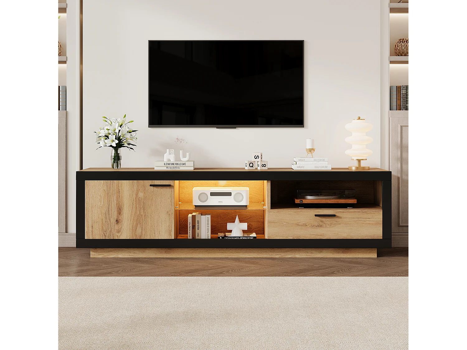TV-Schrank mit Glasböden - 160 x 40 x 50 cm - mit LEDs + Tür + Schublade - Spanplatte - Natur