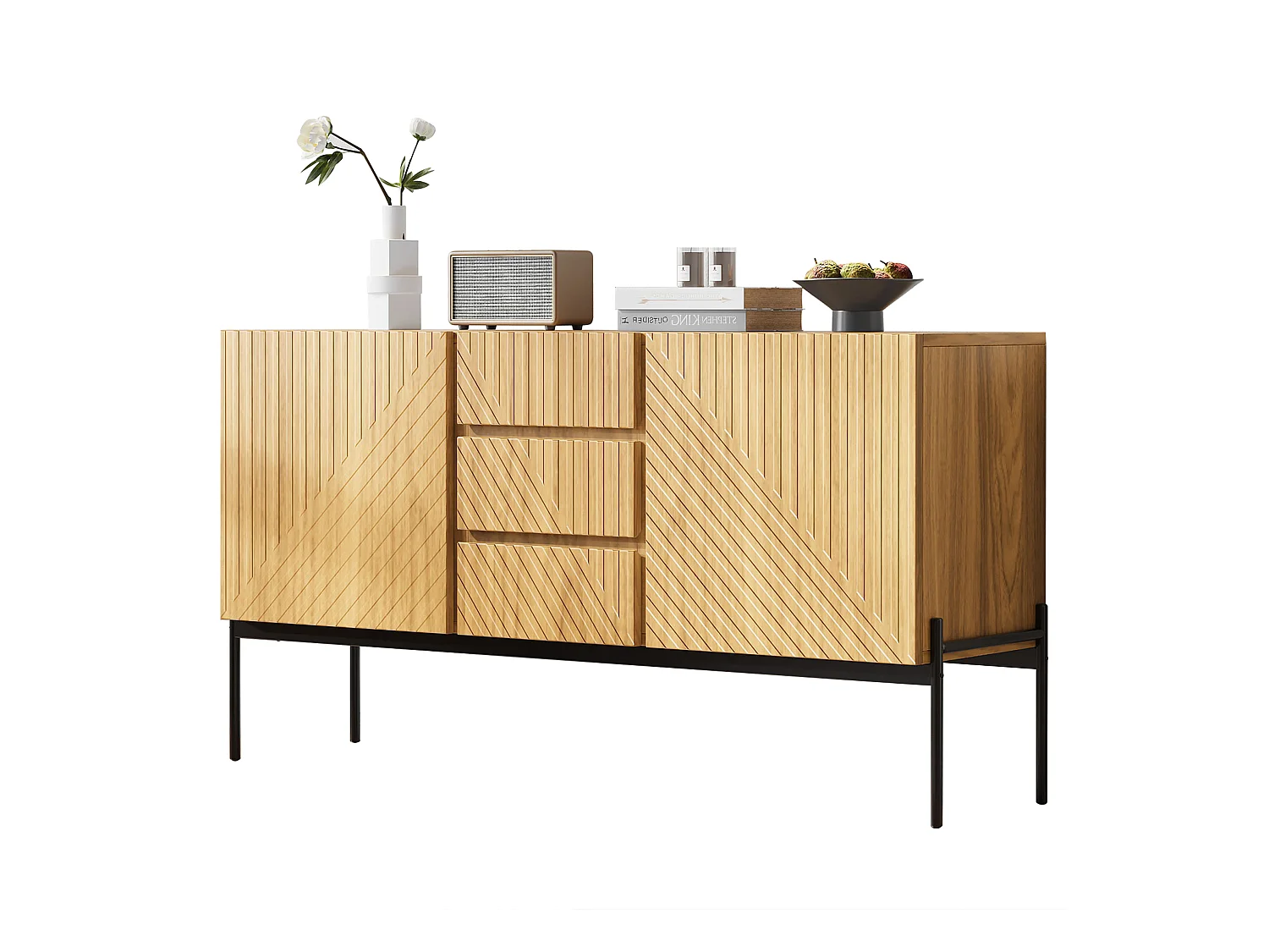 Komoda niska - 140 x 40 x 75 cm - z 2 drzwiami i 3 szufladami - nogi metalowe - szafka RTV/komoda - płyta wiórowa - naturalna