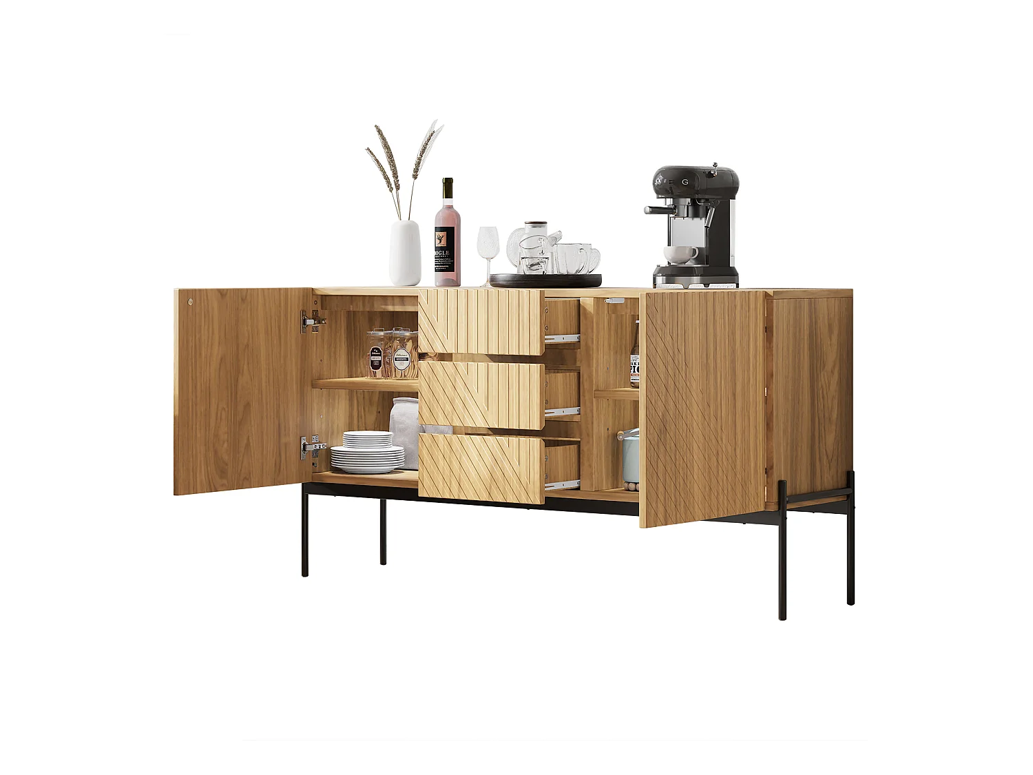 Komoda niska - 140 x 40 x 75 cm - z 2 drzwiami i 3 szufladami - nogi metalowe - szafka RTV/komoda - płyta wiórowa - naturalna