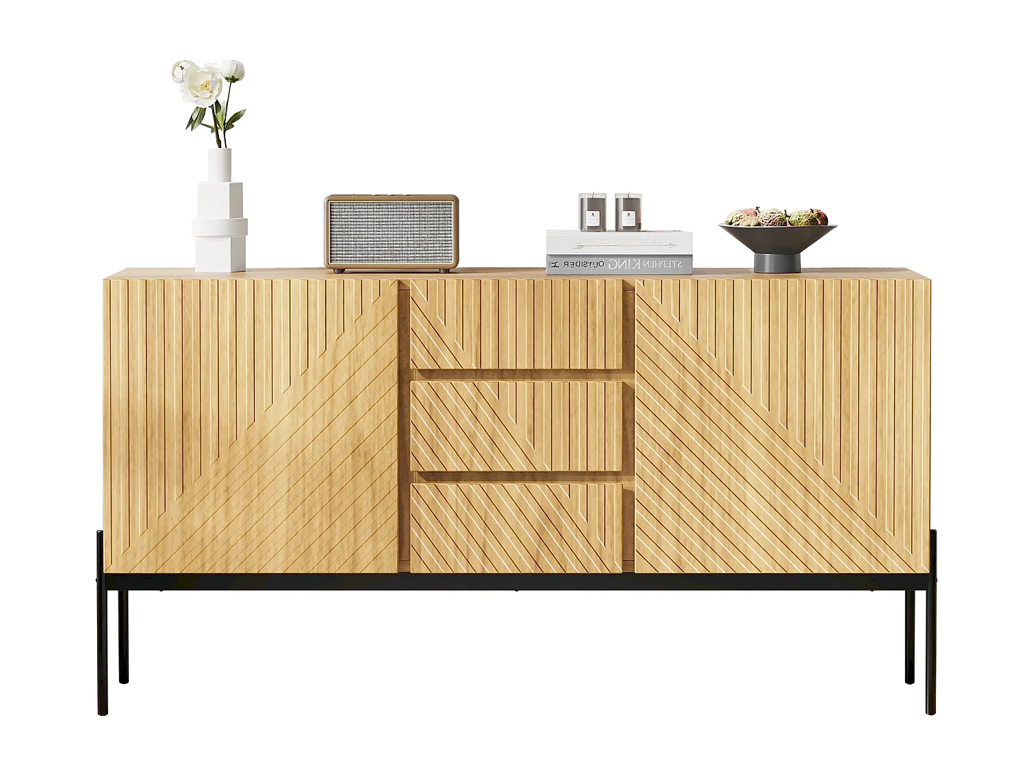 Lage dressoir - 140 x 40 x 75 cm - met 2 deuren en 3 laden - metalen poten - tv-meubel / ladekast - spaanplaat - naturel