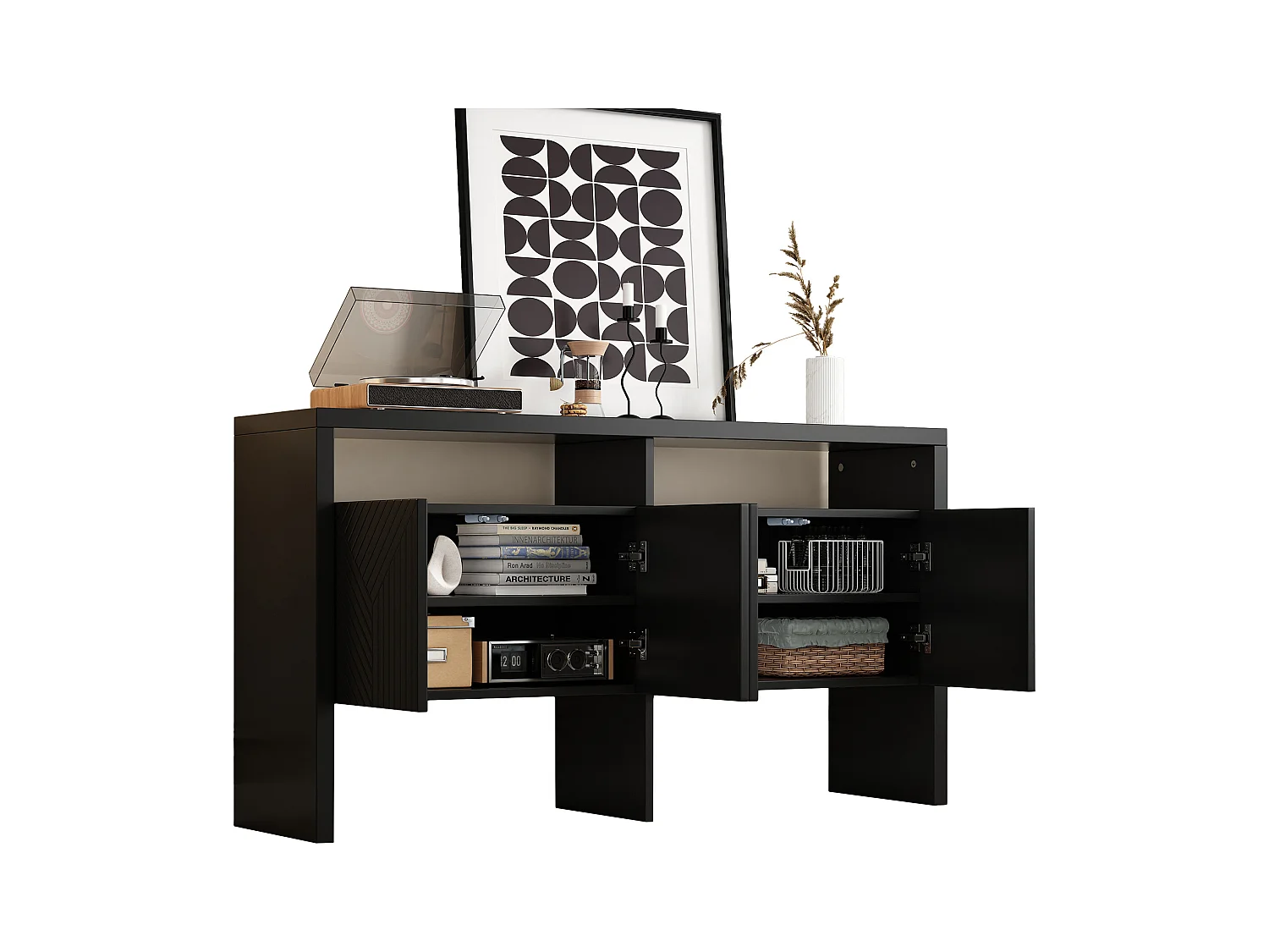 Credenza / Mobile da ingresso - 140 x 35 x 75 cm - con 2 vani a giorno e 4 ante - MDF - nero