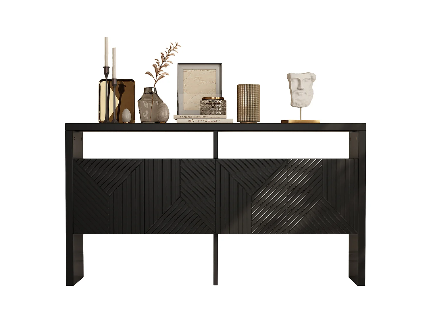 Komoda / Szafka do korytarza - 140 x 35 x 75 cm - z 2 otwartymi przegrodami i 4 drzwiami - MDF - czarny