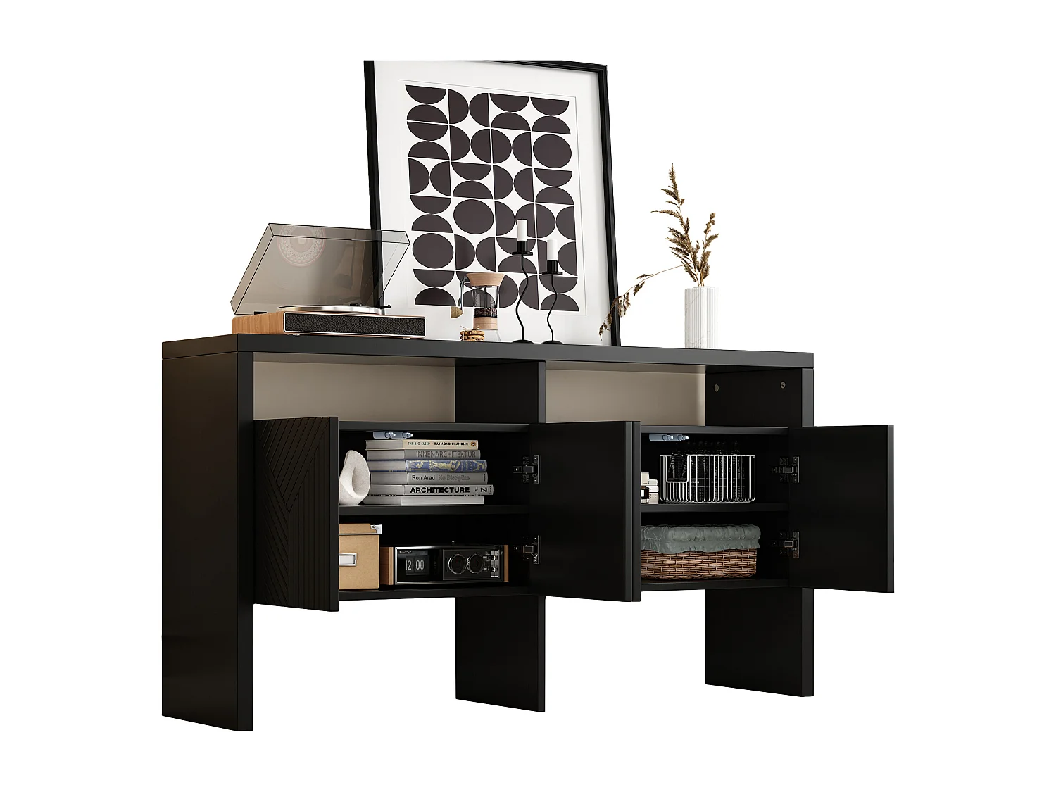 Buffet / meuble d'entrée - 140 x 35 x 75 cm - avec 2 compartiments ouverts et 4 portes - MDF - noir