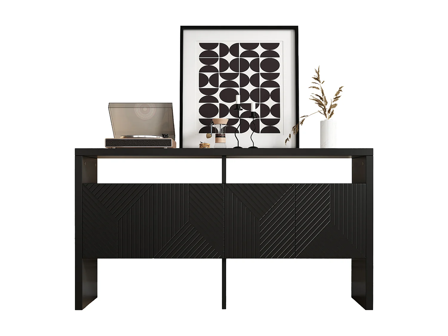 Buffet / meuble d'entrée - 140 x 35 x 75 cm - avec 2 compartiments ouverts et 4 portes - MDF - noir