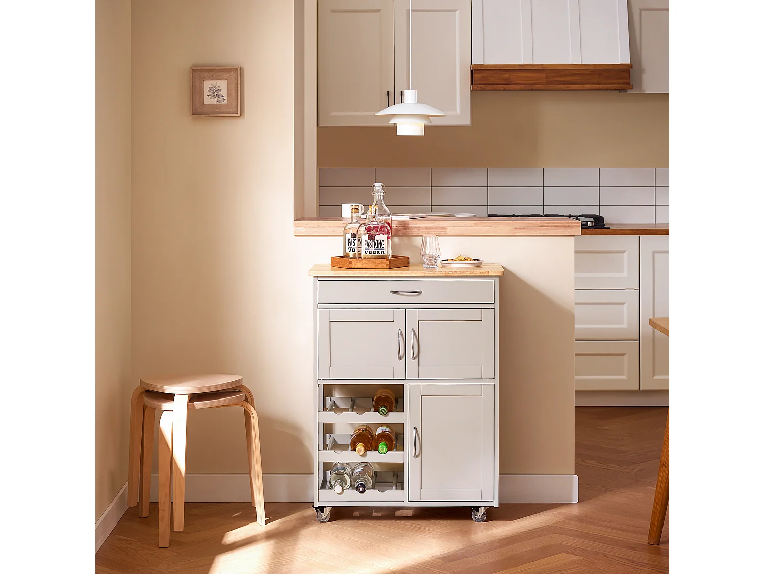 SoBuy FKW45-KA - Chariot de cuisine avec tiroir, portes et porte-bouteille L67cm x L37.5cm x ...