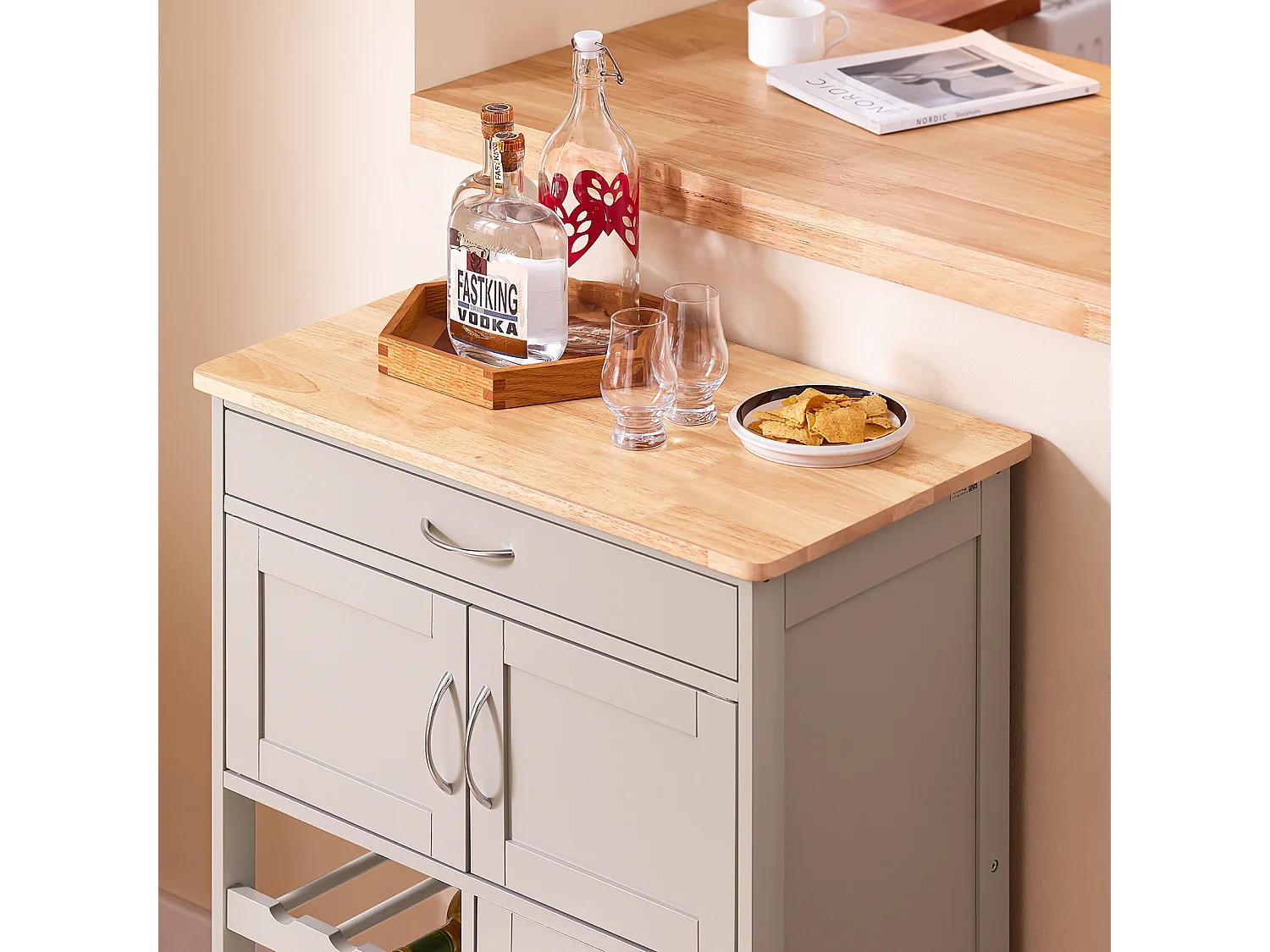 SoBuy FKW45-KA - Chariot de cuisine avec tiroir, portes et porte-bouteille L67cm x L37.5cm x ...