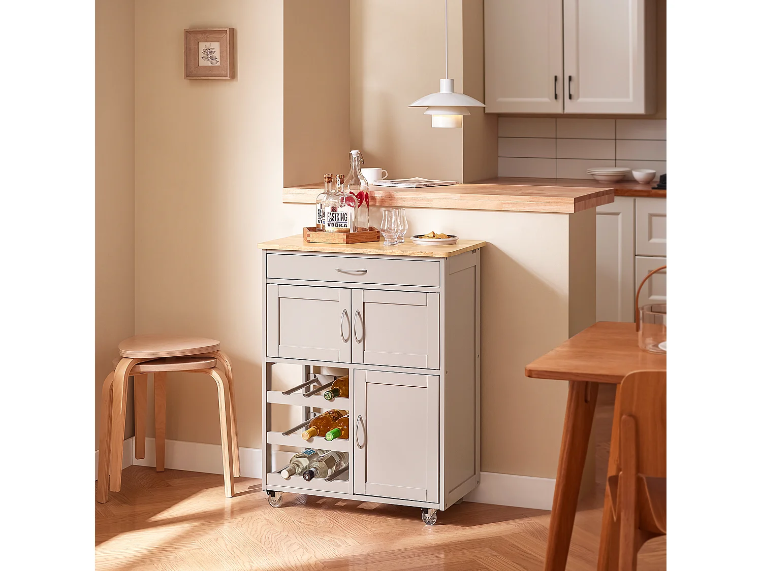 SoBuy FKW45-KA - Chariot de cuisine avec tiroir, portes et porte-bouteille L67cm x L37.5cm x ...