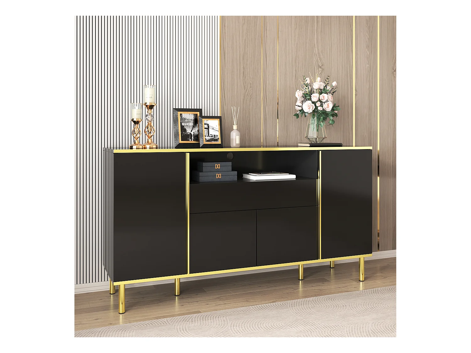 Aparador bajo de alto brillo - 150 x 40 x 80 cm - con 1 cajón + 4 puertas - Tablero de partículas + MDF - negro