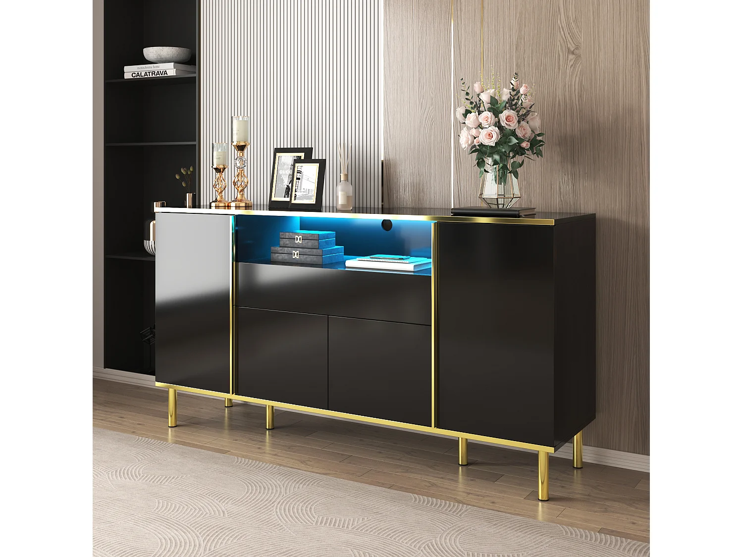 Credenza bassa lucida - 150 x 40 x 80 cm - con 1 cassetto + 4 ante - Pannello truciolare + MDF - nero