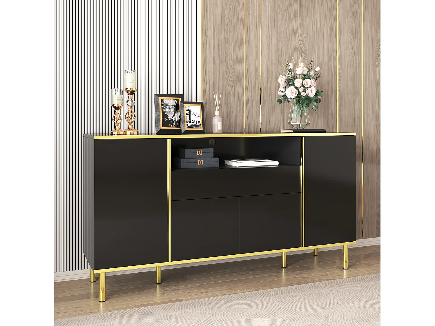 Credenza bassa lucida - 150 x 40 x 80 cm - con 1 cassetto + 4 ante - Pannello truciolare + MDF - nero