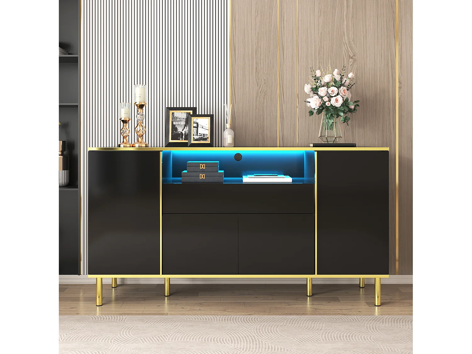 Credenza bassa lucida - 150 x 40 x 80 cm - con 1 cassetto + 4 ante - Pannello truciolare + MDF - nero