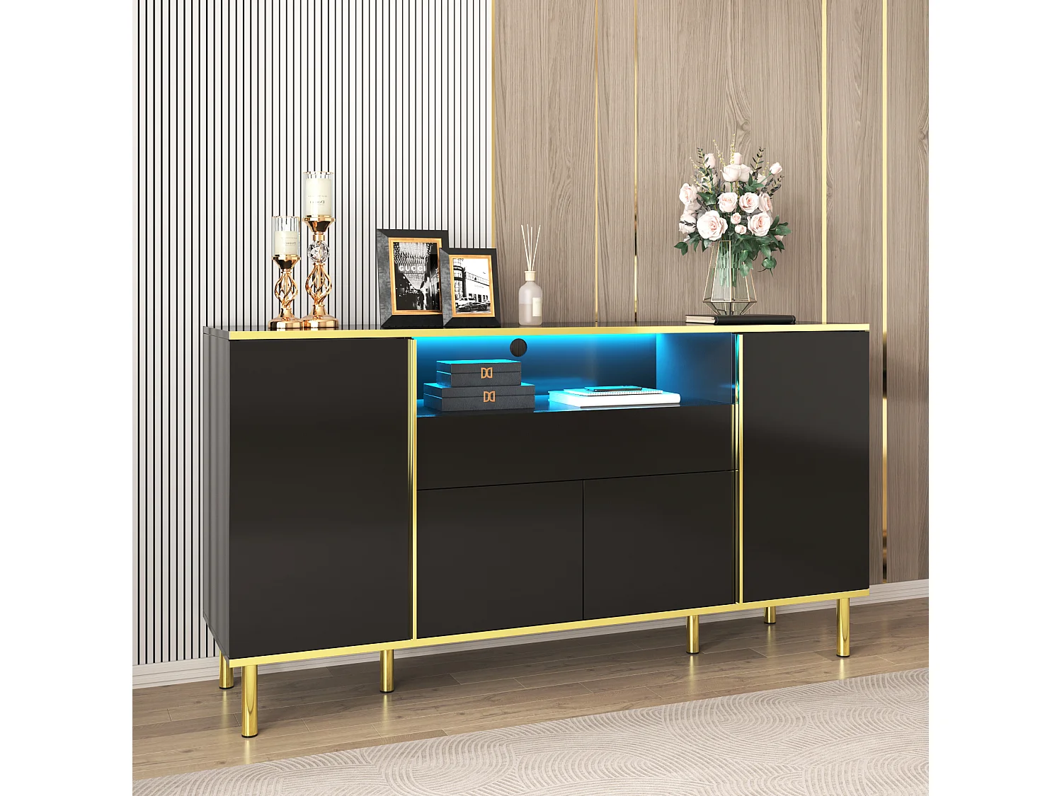 Credenza bassa lucida - 150 x 40 x 80 cm - con 1 cassetto + 4 ante - Pannello truciolare + MDF - nero