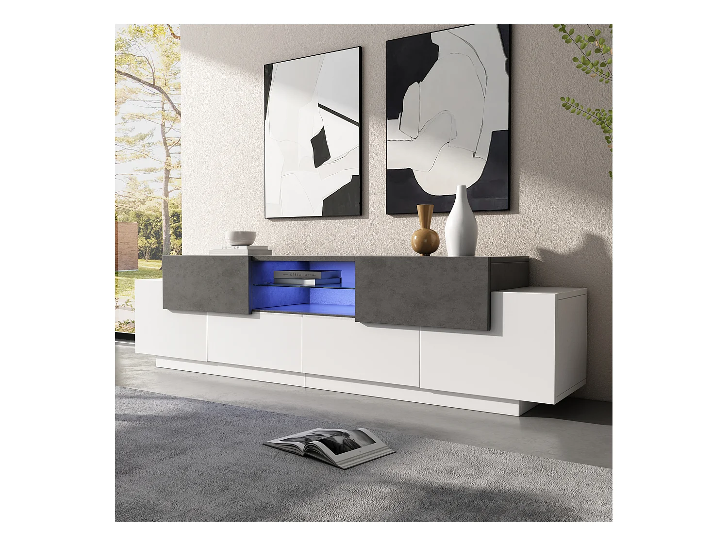 Meuble TV avec Leds - 180 x 40 x 45 cm - avec étagères + 4 portes + 2 tiroirs - aggloméré - blanc et gris