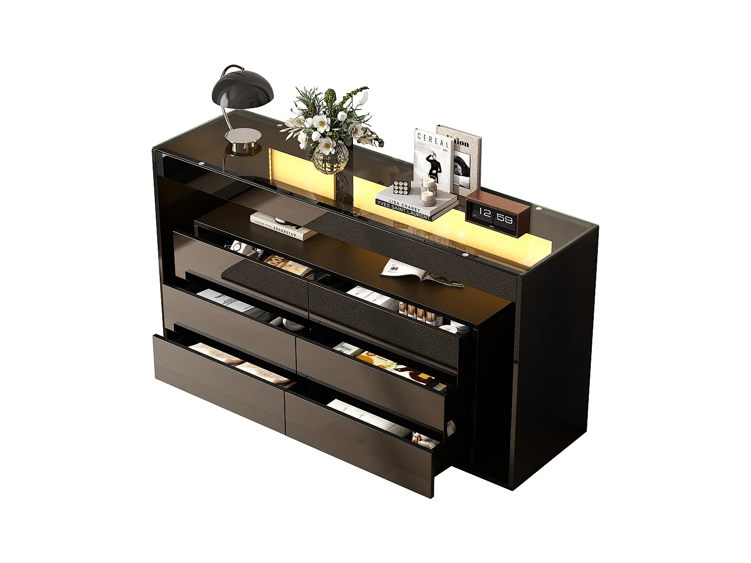 Buffet bas avec 6 tiroirs - 140 x 40 x 72 cm - avec plateau en verre trempé - rangement - aggloméré - noir